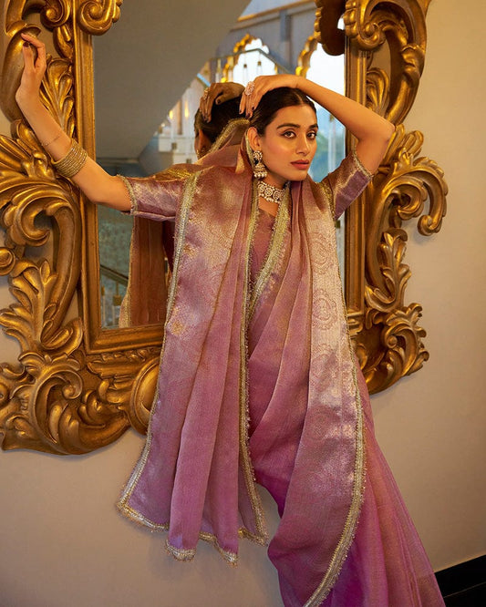Light Pink Color Weightless Tissue Shimmer Saree