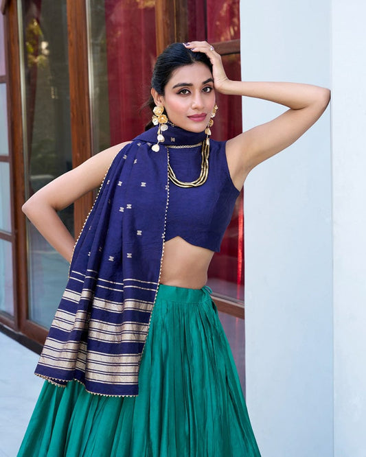 Firozi Color Pure Chanderi Plain Lehenga Choli
