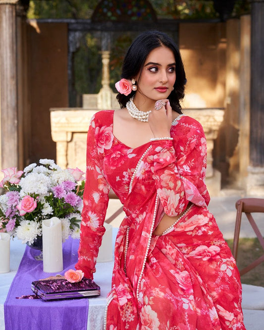 Red Color Weightless Marble Saree