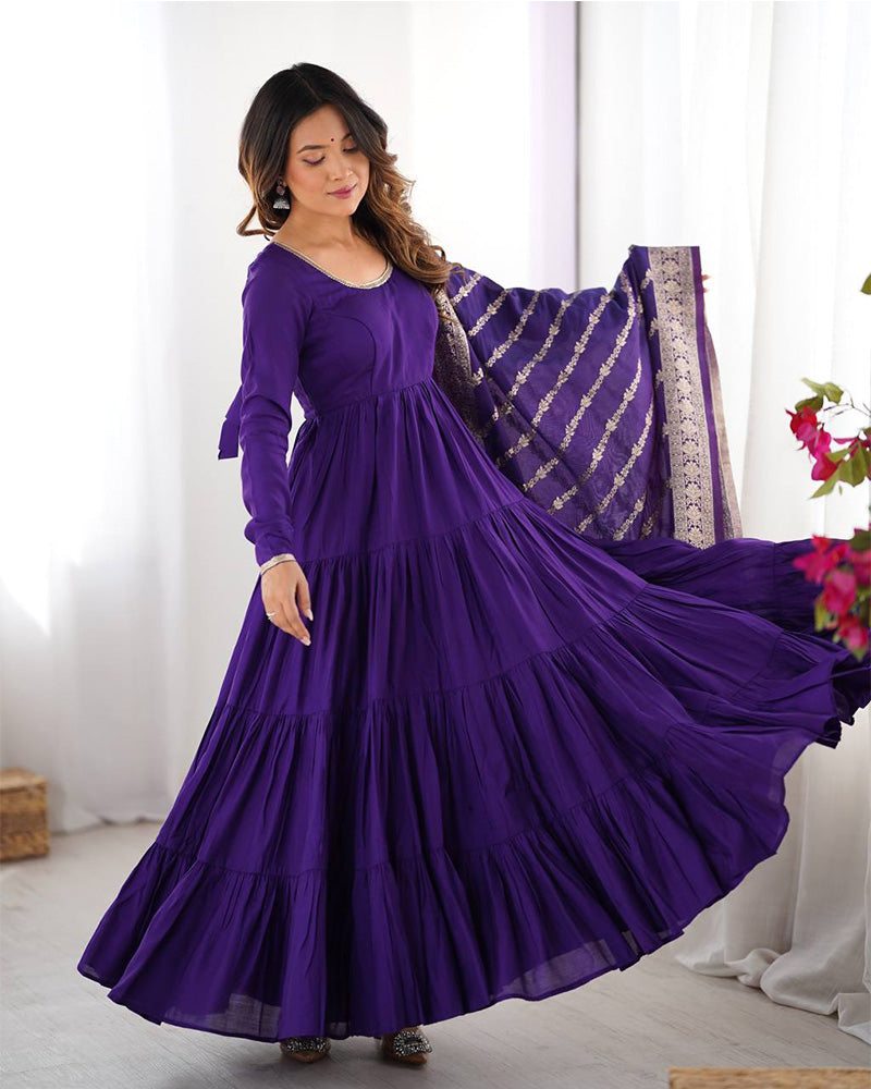 Purple Color Pure Roman Silk Ruffle Style Anarkali Suit