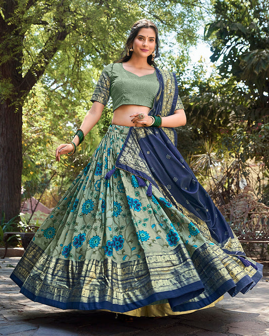 Sea Green Color Tussar Silk Kalamkari Printed Navratri Lehenga Choli