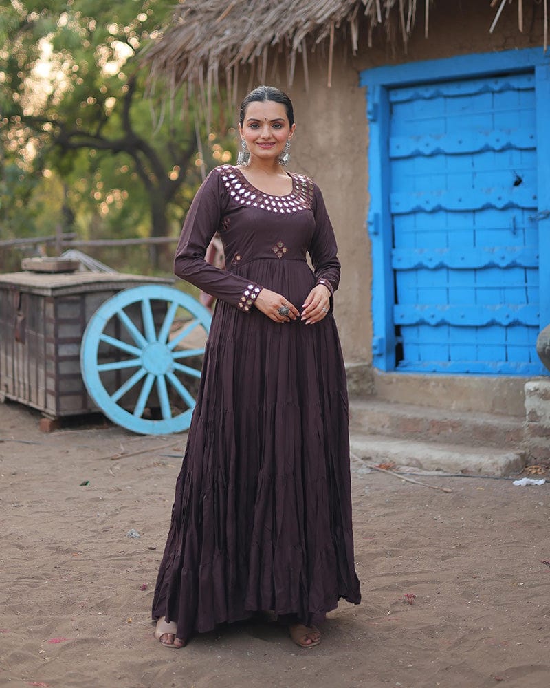 Dark Dusty Color Rayon Mirror Work Navratri Gown