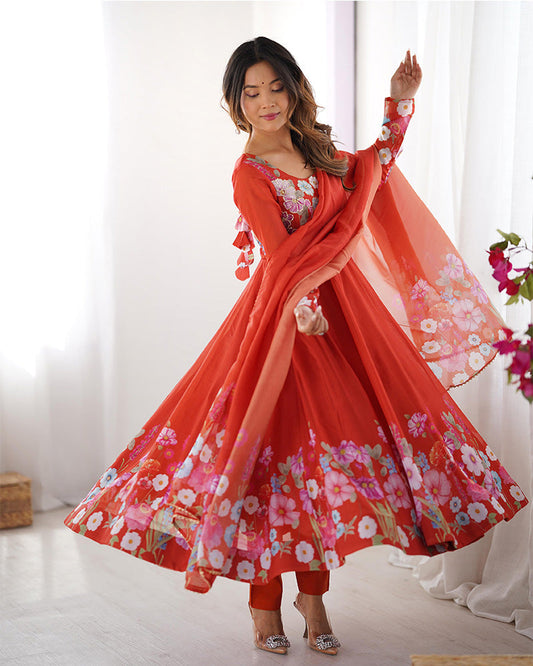 Rust Color Floral Print Organza Three Piece Anarkali Suit