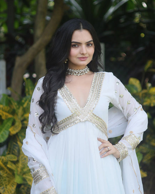 Wedding Wear Embroidered White Color Alia Cut Gown With Dupatta