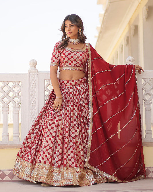 Red Color Pure Viscose Jacquard Lehenga Choli