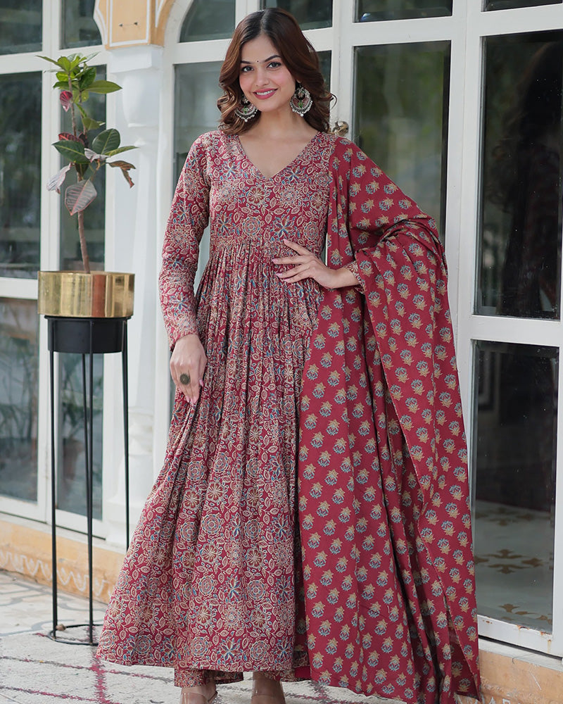 Premium Maroon Color Pure Cotton Kurti With Pant And Dupatta Set