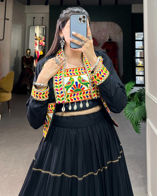 Black Color Pure Rayon Gamthi Navratri Lehenga Choli