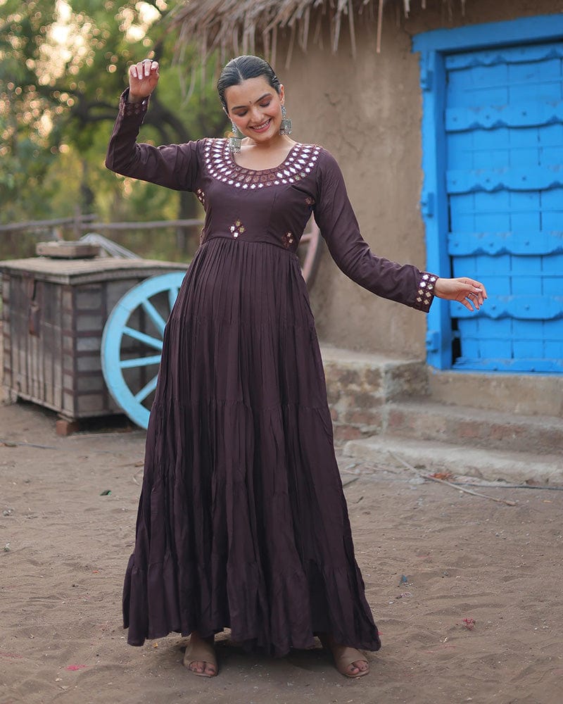 Dark Dusty Color Rayon Mirror Work Navratri Gown
