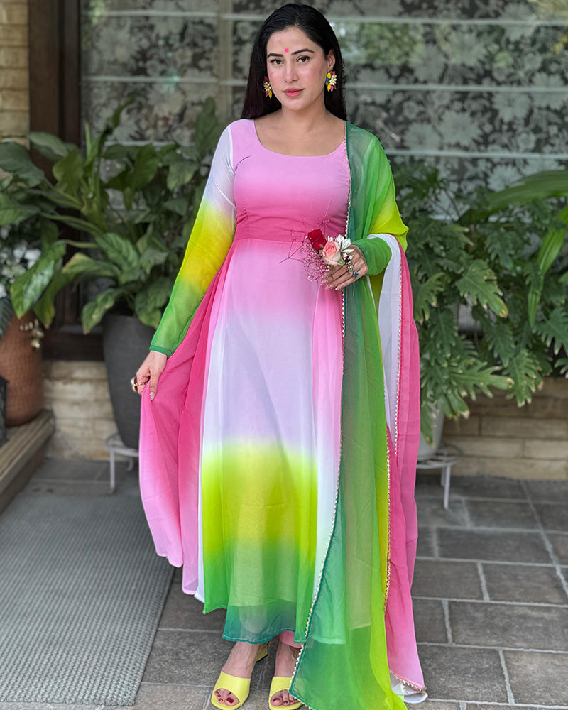 Isha sharma In Our Multi Pink Color Georgette Three Piece Anarkali Suit