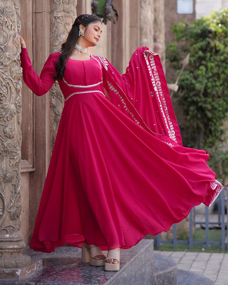Rani Pink Embroidered Dupatta Anarkali Three Piece Suit