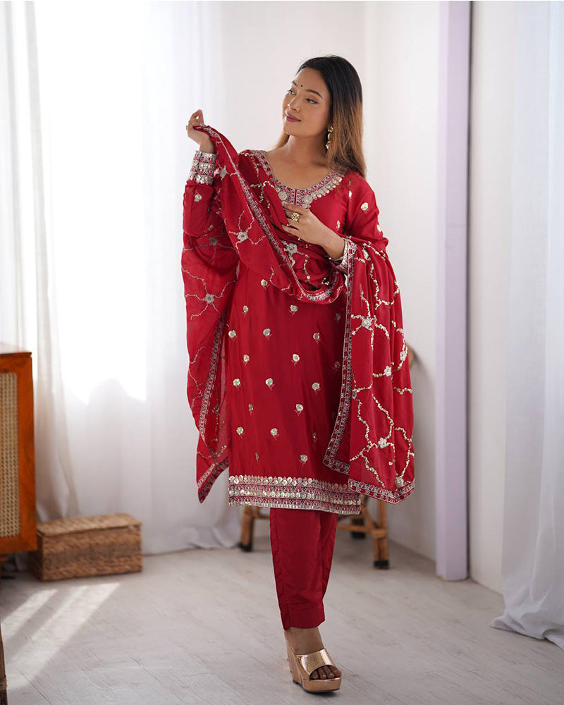 Red Color Chinon Silk Embroidered Three Piece Kurti Suit