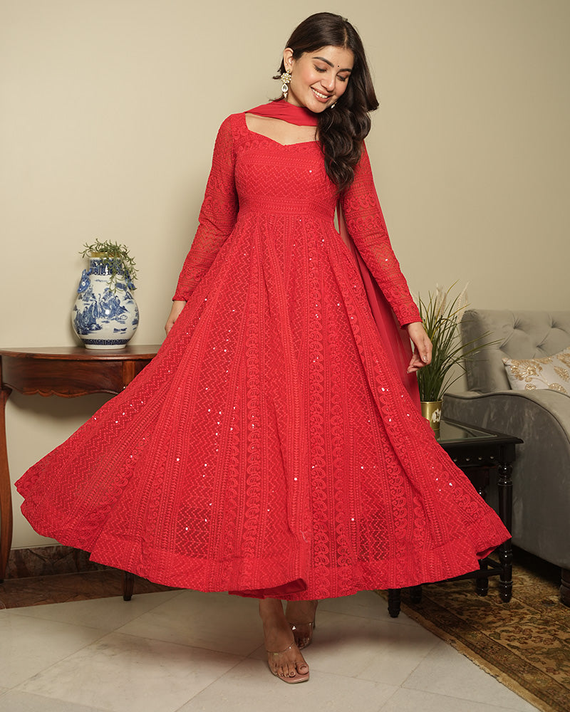 Red Color Georgette Lucknowi Three Piece Anarkali Suit