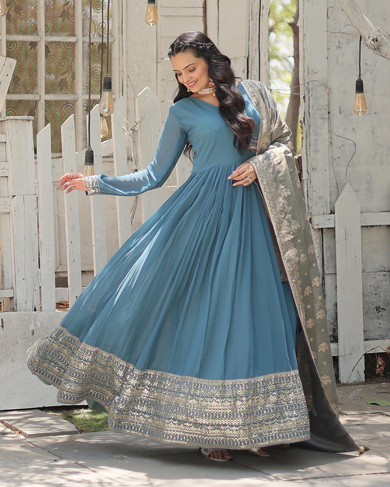 Designer Sky Blue Color Faux Georgette Embroidered Gown