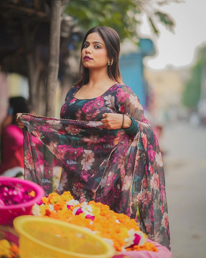 Rugee In Our Floral Print Organza Black Color Three Piece Anarkali Suit