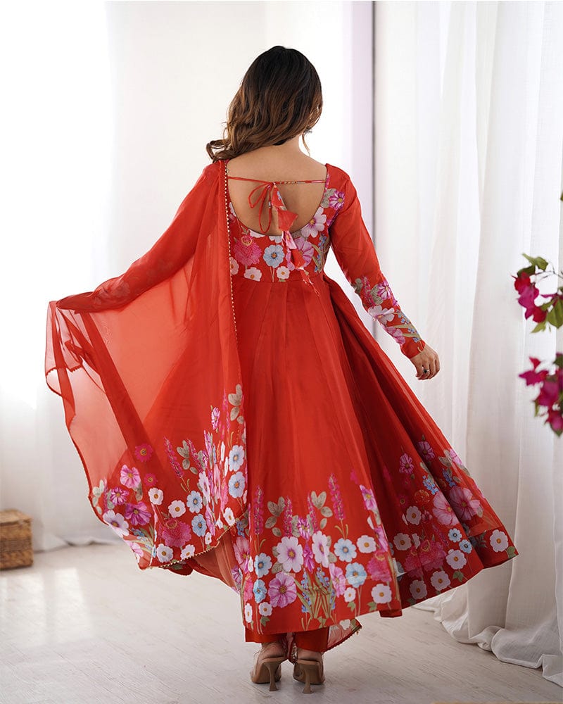 Rust Color Floral Print Organza Three Piece Anarkali Suit