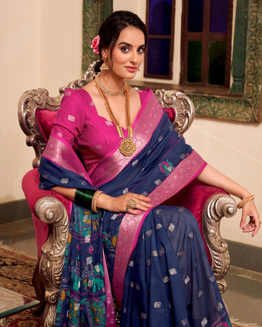 Navy Blue Color Poly Kalamkari Print Cotton With Zari Work saree