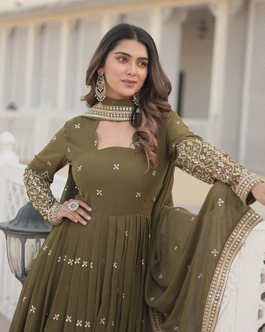 Faux Georgette Mehendi Color Anarkali Gown With Sequence Embroidery Dupatta