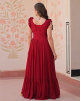 Red Color Faux Blooming Embroidered work Gown
