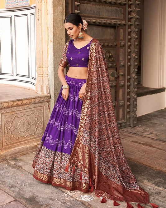 Designer Purple Color Ajarakh Print Silk Lehenga Choli