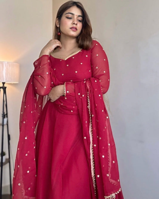 Kanak Mishra In Maroon Color Georgette Anarkali Three Piece Suit