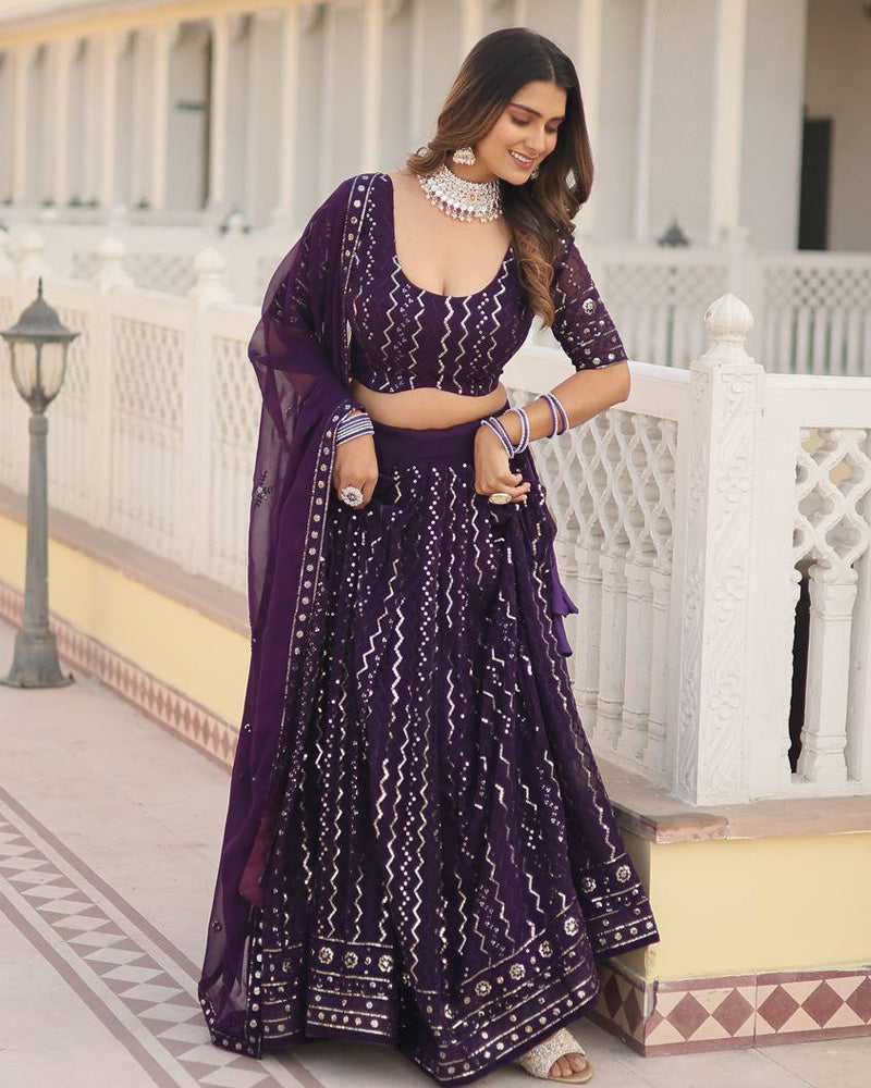 Wine Color Blooming Soft Georgette Heavy Embroidery Threaded Semi Stitched Lehenga Choli