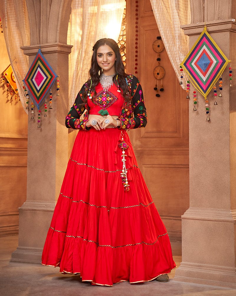 Red Color Viscose Rayon Threaded Fully Stitched Navratri Lehenga Choli