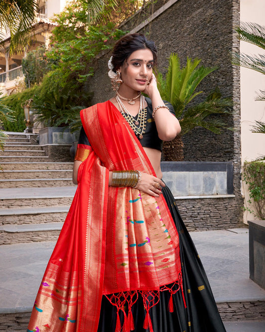 Black Color Jacquard Silk Zari Weaving Work Lehenga Choli