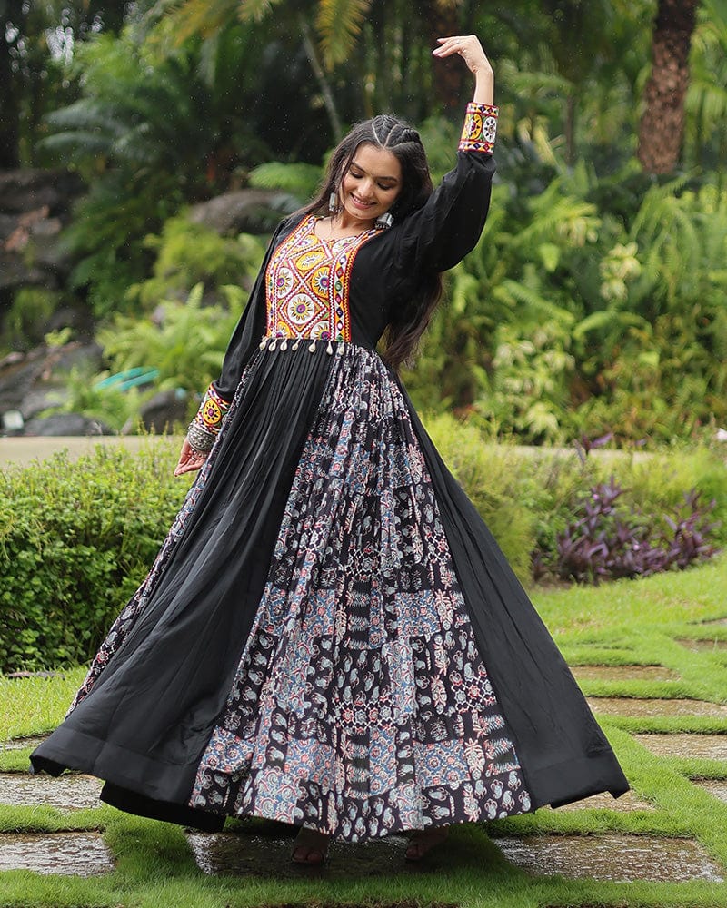 Black Color Rayon Gamthi Work Navratri Gown