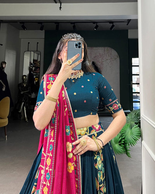 Peacock Blue Color Tussar Silk Printed With Foil Work Lehenga Choli