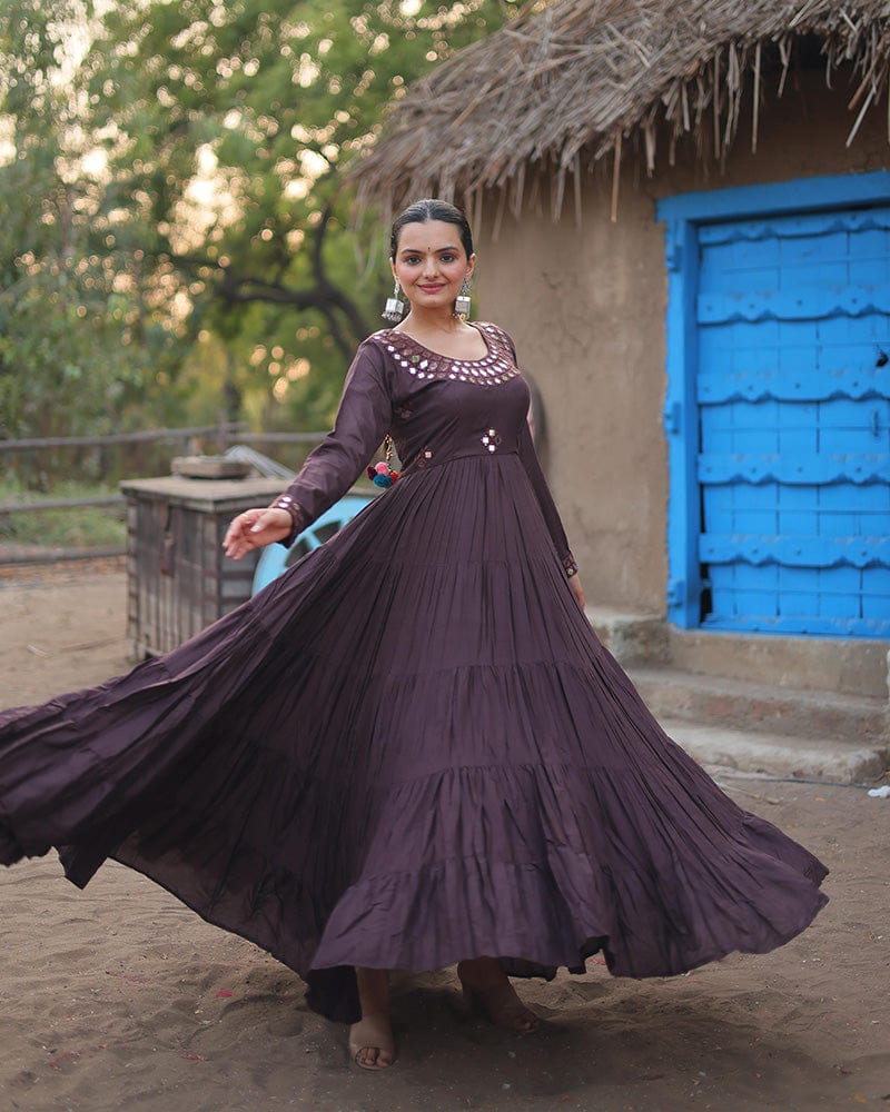 Dark Dusty Color Rayon Mirror Work Navratri Gown