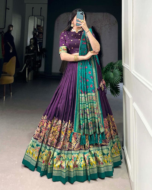 Purple Color Tussar Silk Printed With Foil Work Lehenga Choli