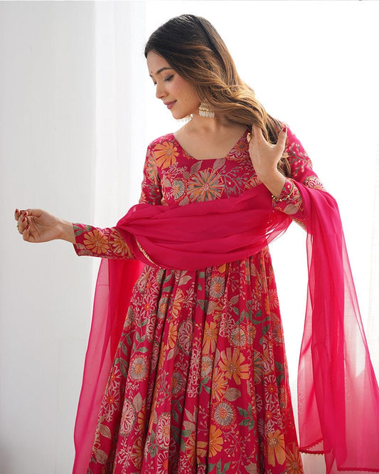 Rani Pink Color Roman Silk Discharge Printed Plazzo Suit