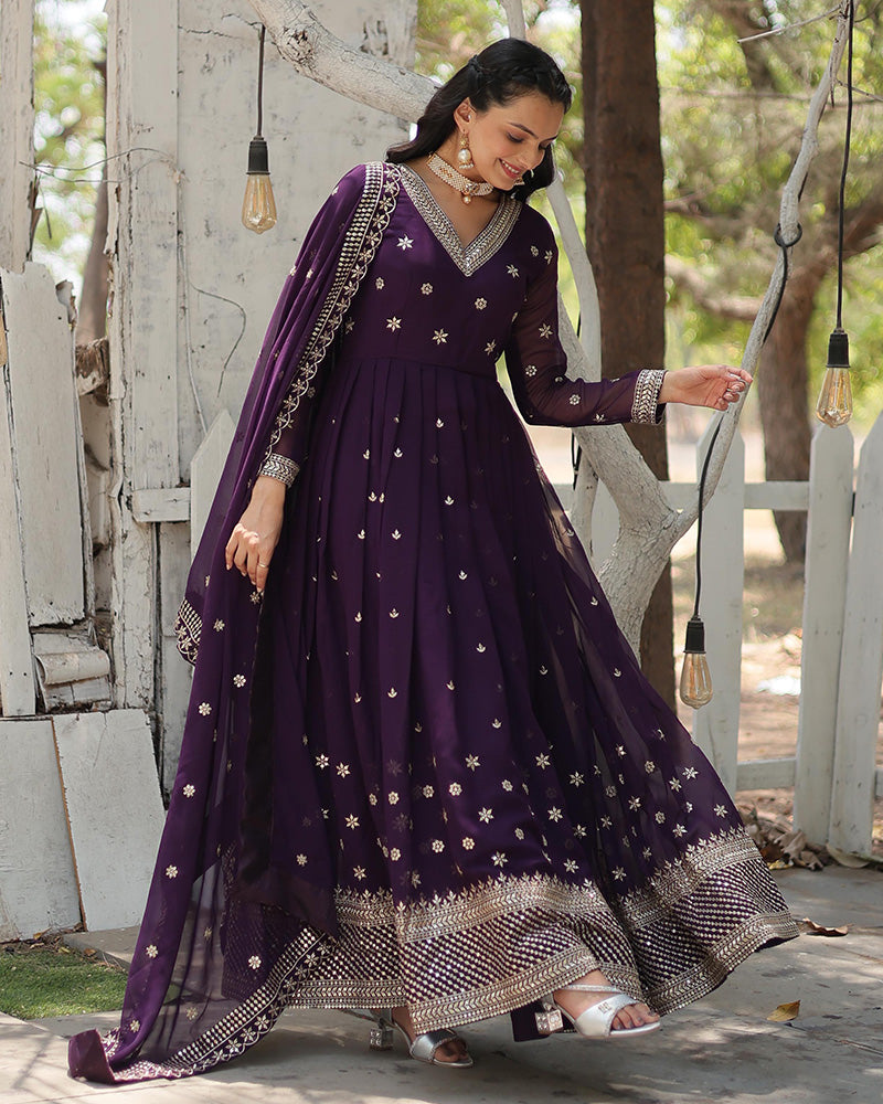 Designer Purple Color Faux Blooming Embroidered Gown