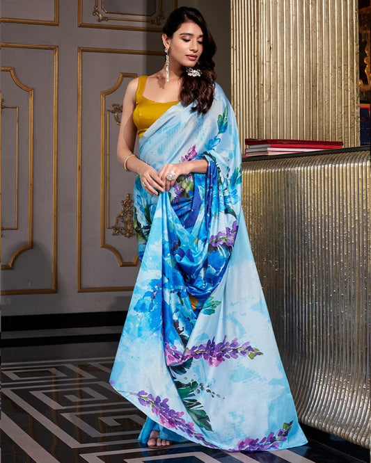 Sky Blue Color Satin Silk Printed Saree