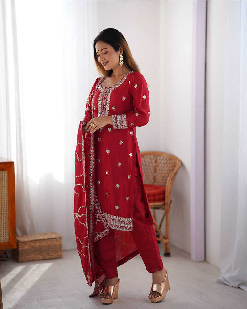 Red Color Chinon Silk Embroidered Three Piece Kurti Suit