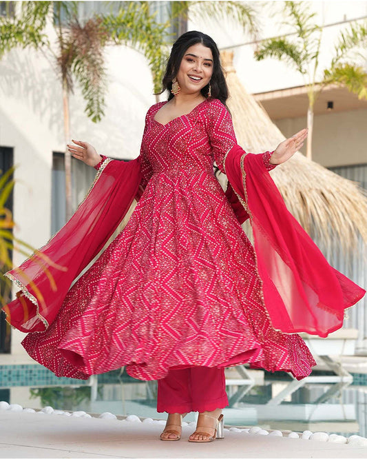 Rani Pink Color Rayon Bandhej Print Three Piece Anarkali Suit
