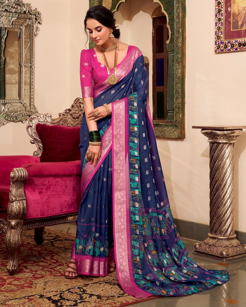 Navy Blue Color Poly Kalamkari Print Cotton With Zari Work saree