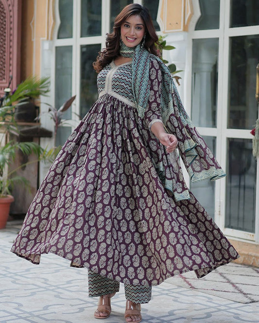 Coffee Brown Color Printed Pure Cotton Three Piece Kurti Suit