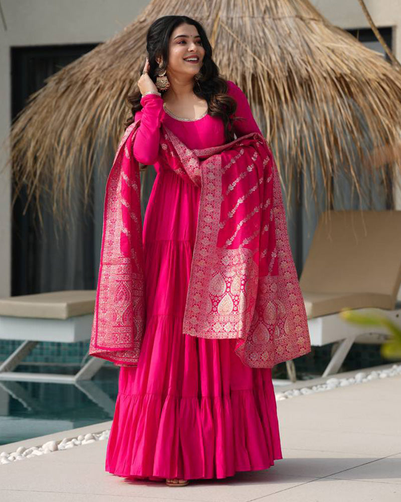 Rani Pink Color Pure Chanderi Silk Frill Style Anarkali Suit