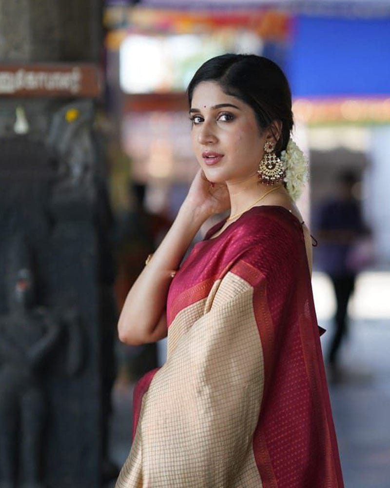 Red And Cream color banarasi Soft Silk Saree