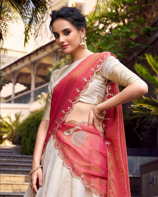 Off-White Color Jacquard Chex Lehenga Choli