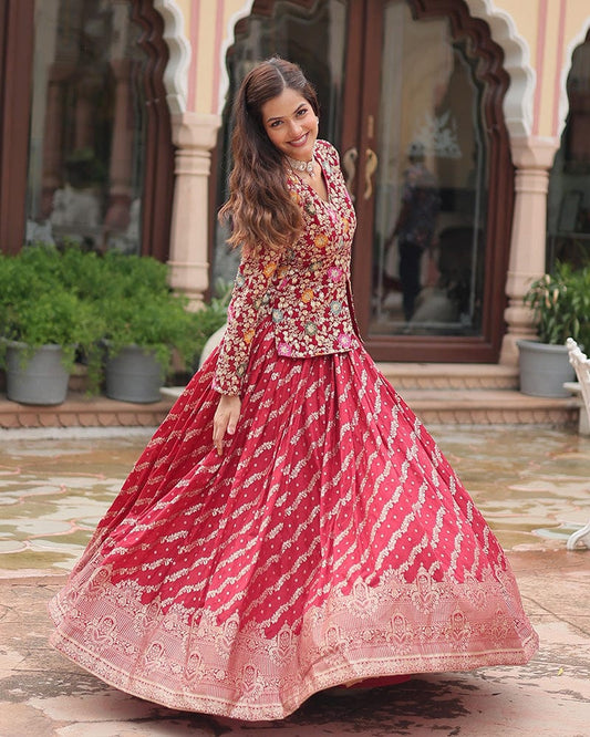 Dark Maroon Color Viscose jacquard Crop Top Lehenga Choli