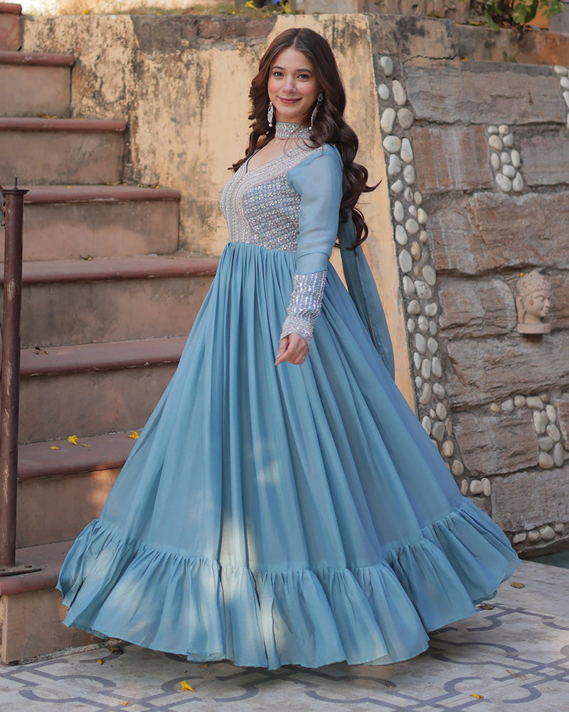 Sky Color Star Georgette Embroidered Gown