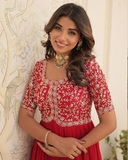 Red Color Faux Blooming Zari sequence Embroidered Gown