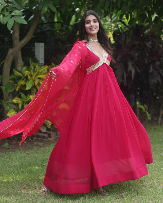 Wedding Wear Embroidered Rani Pink Color Alia Cut Gown With Dupatta