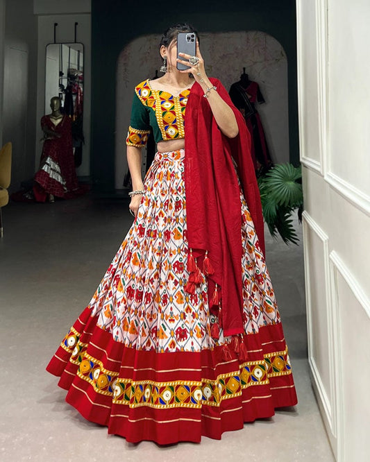 Red Color Dola Silk And Cotton Navratri Lehenga Choli