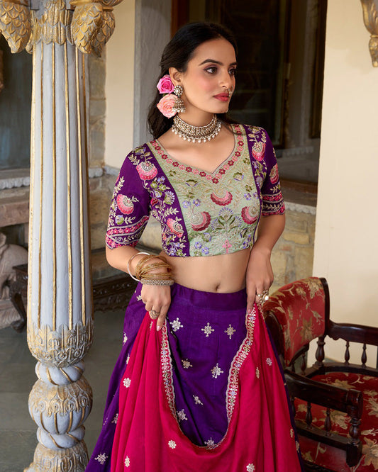 Purple Color Vichitra Silk Embroidered Lehenga Choli