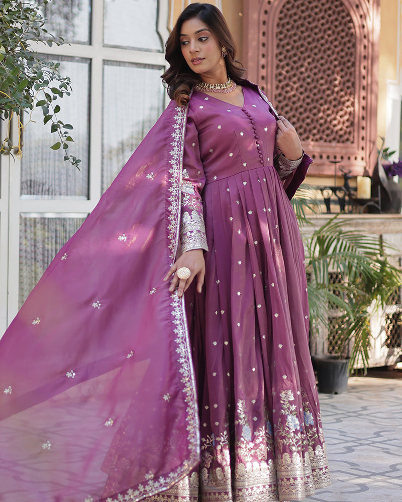 Onion Color Embroidered Viscose Cosmos Gown With Dupatta