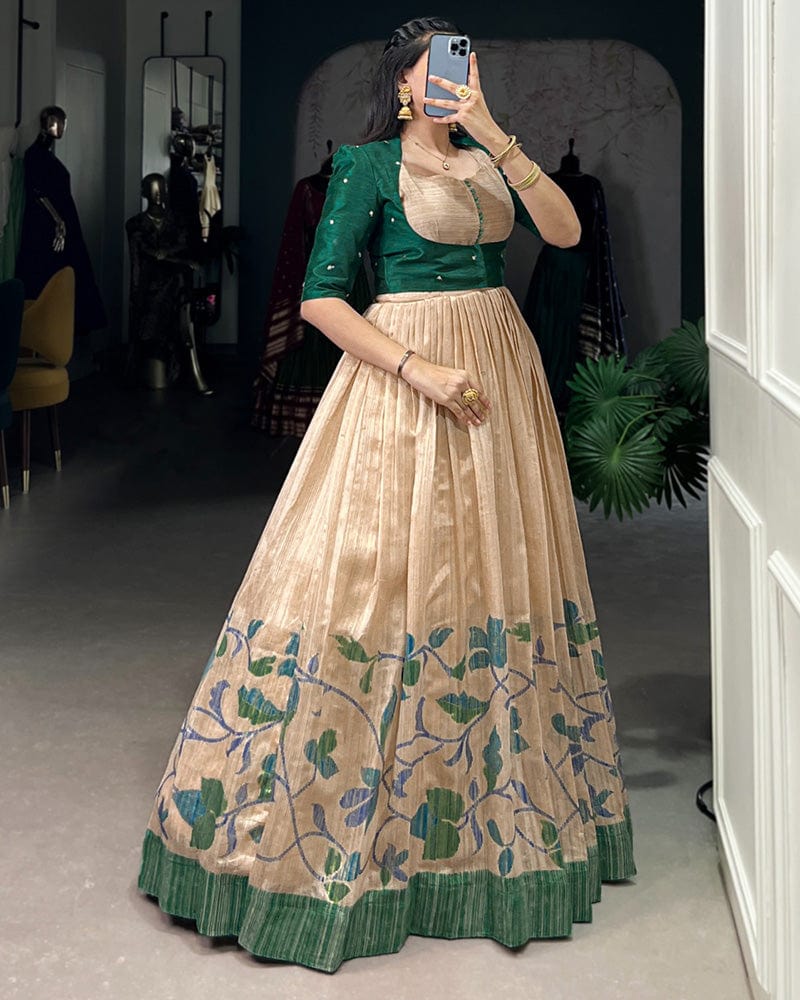 Green Color Green Silk Printed Gown With koti