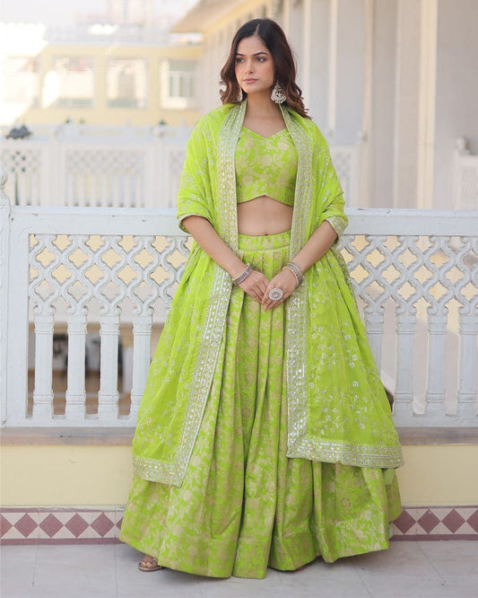 Green Color Pure Viscose Jacquard Lehenga Choli